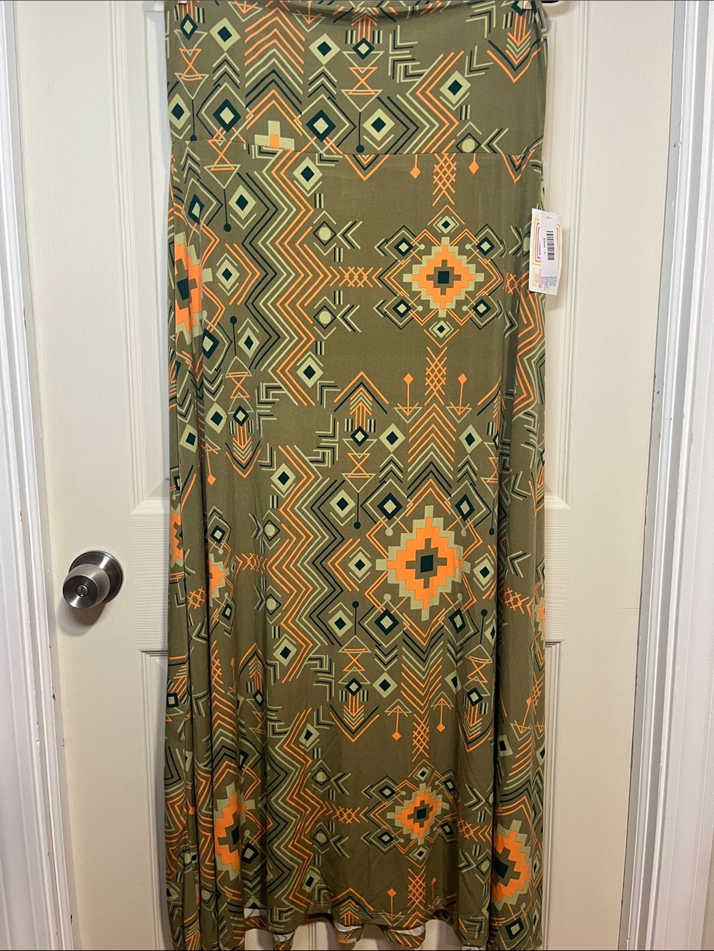 LuLaRoe Olive Green Maxi Skirt with Orange and Mint Geometric Print